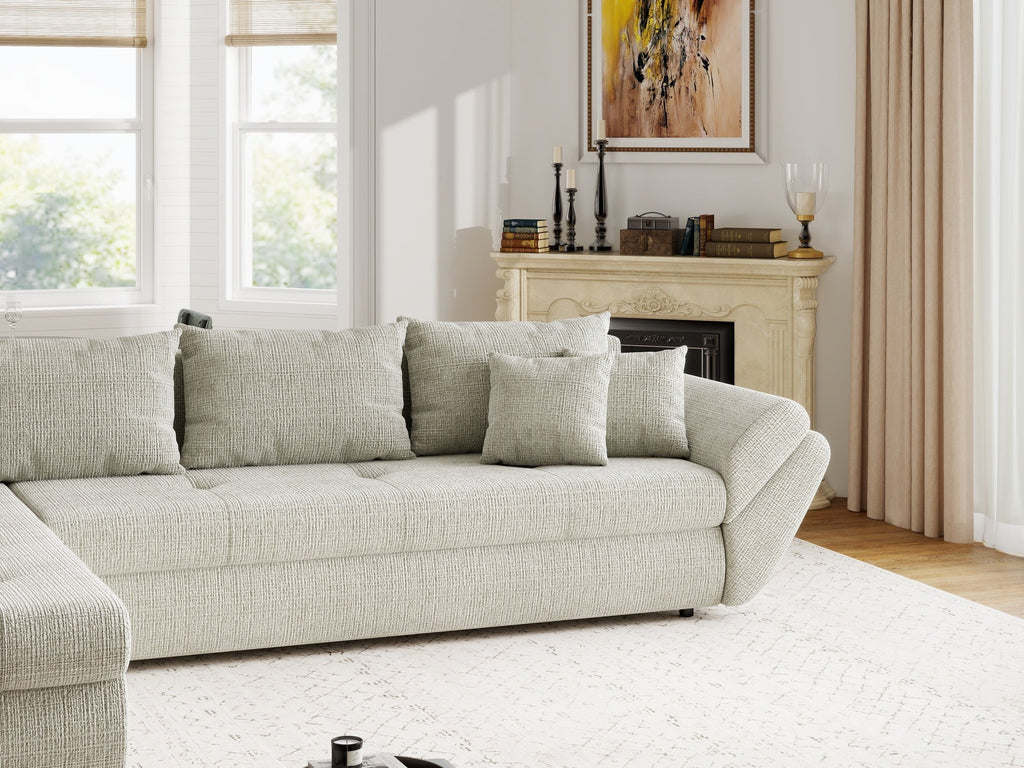Colțar extensibil dumonde cu ladă de depozitare si sezut confortabil din spuma high-density, Loana XL Cremona Bej 04 335x185 cm