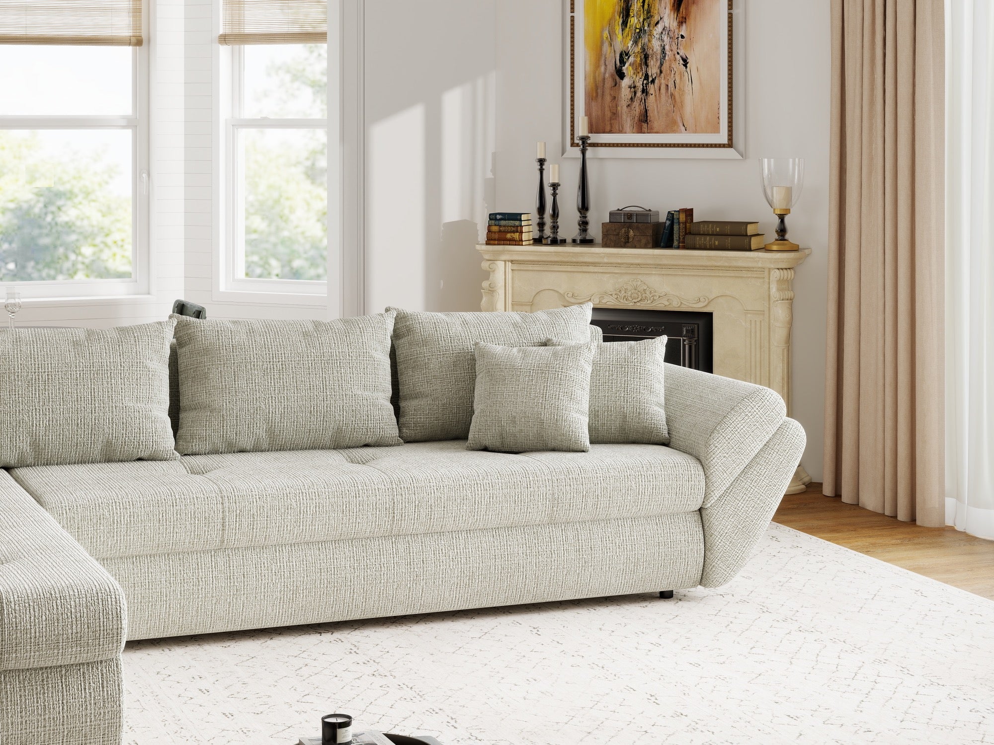 Colțar extensibil dumonde cu ladă de depozitare si sezut confortabil din spuma high-density, Loana XL Cremona Bej 04 335x185 cm