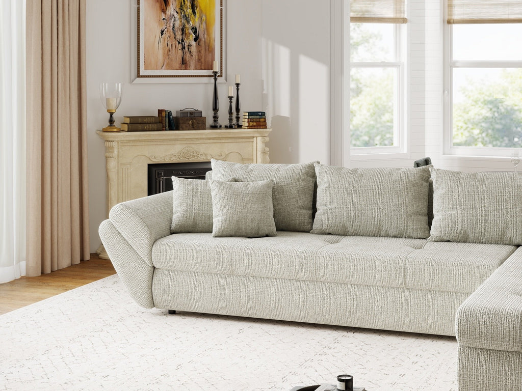 Colțar extensibil dumonde cu ladă de depozitare si sezut confortabil din spuma high-density, Loana XL Cremona Bej 04 II 335x185 cm