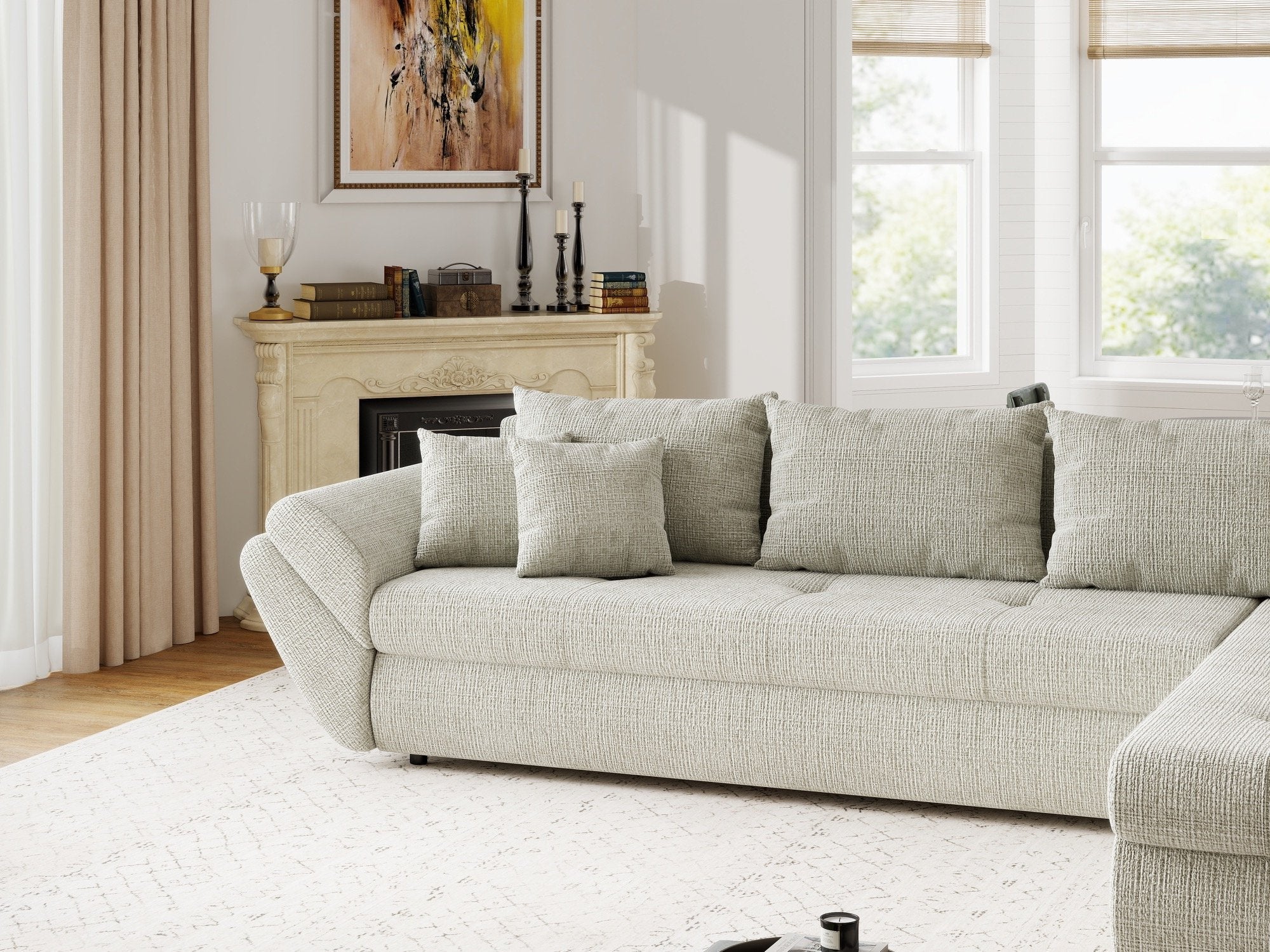 Colțar extensibil dumonde cu ladă de depozitare si sezut confortabil din spuma high-density, Loana XL Cremona Bej 04 II 335x185 cm