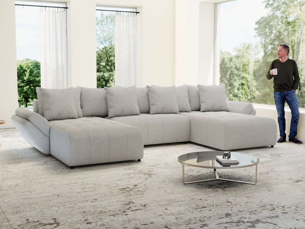 Colțar extensibil dumonde cu ladă de depozitare si sezut confortabil din spuma high-density, Berlin U Euphoria Dove 380x180 cm