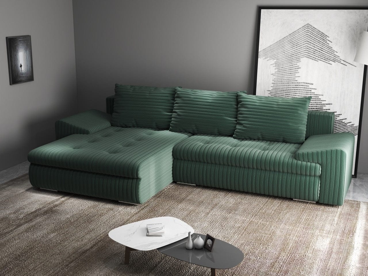 Colțar extensibil dumonde cu ladă de depozitare si sezut confortabil din spuma high-density, Leonardo Ambience Verde 260x185 cm
