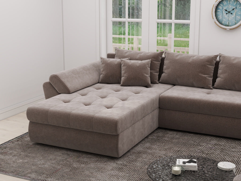 Colțar extensibil dumonde cu ladă de depozitare si sezut confortabil din spuma high-density, Loana XL Vibe Maro 335x185 cm