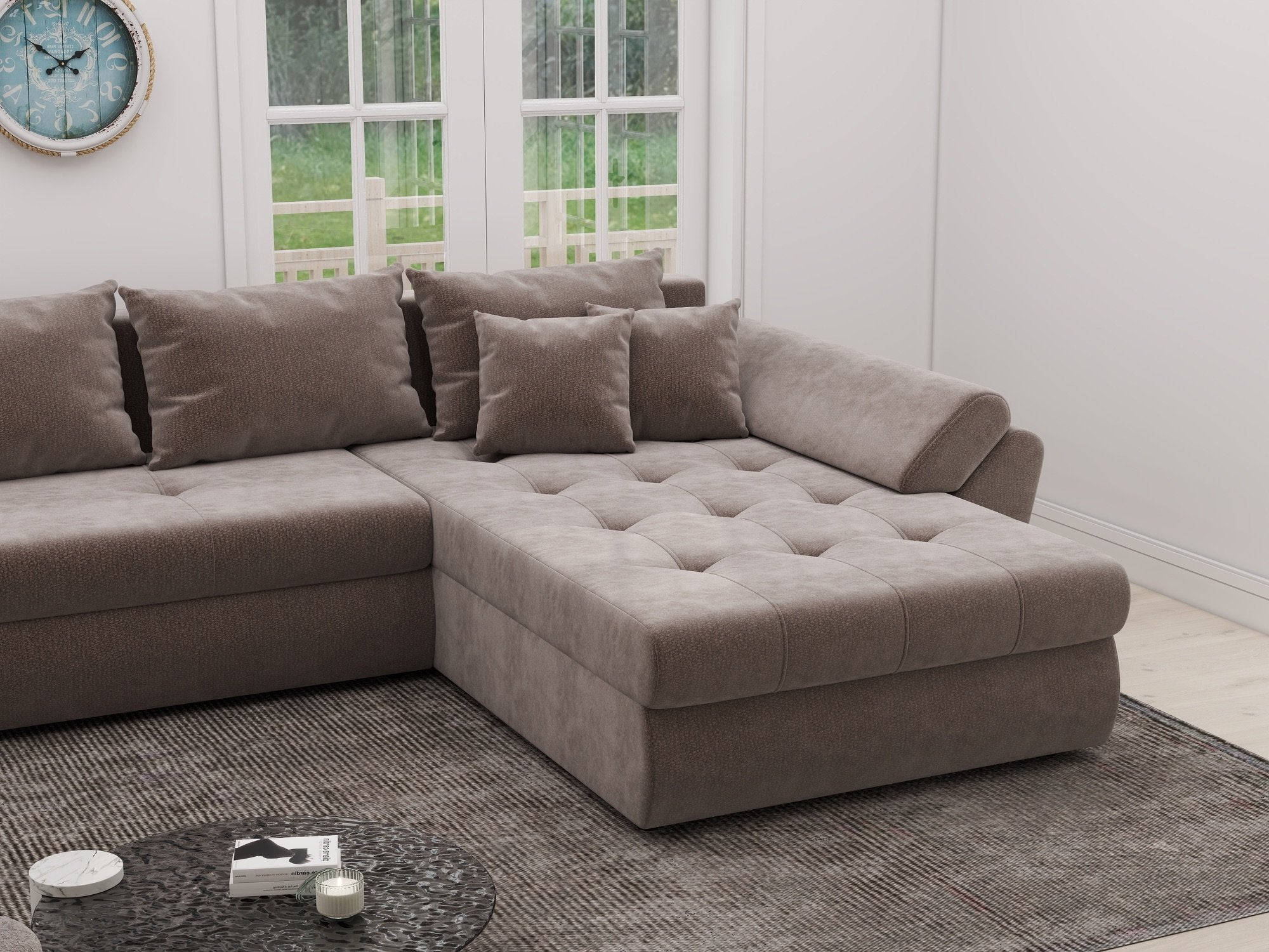 Colțar extensibil dumonde cu ladă de depozitare si sezut confortabil din spuma high-density, Loana XL Vibe Maro II 335x185 cm