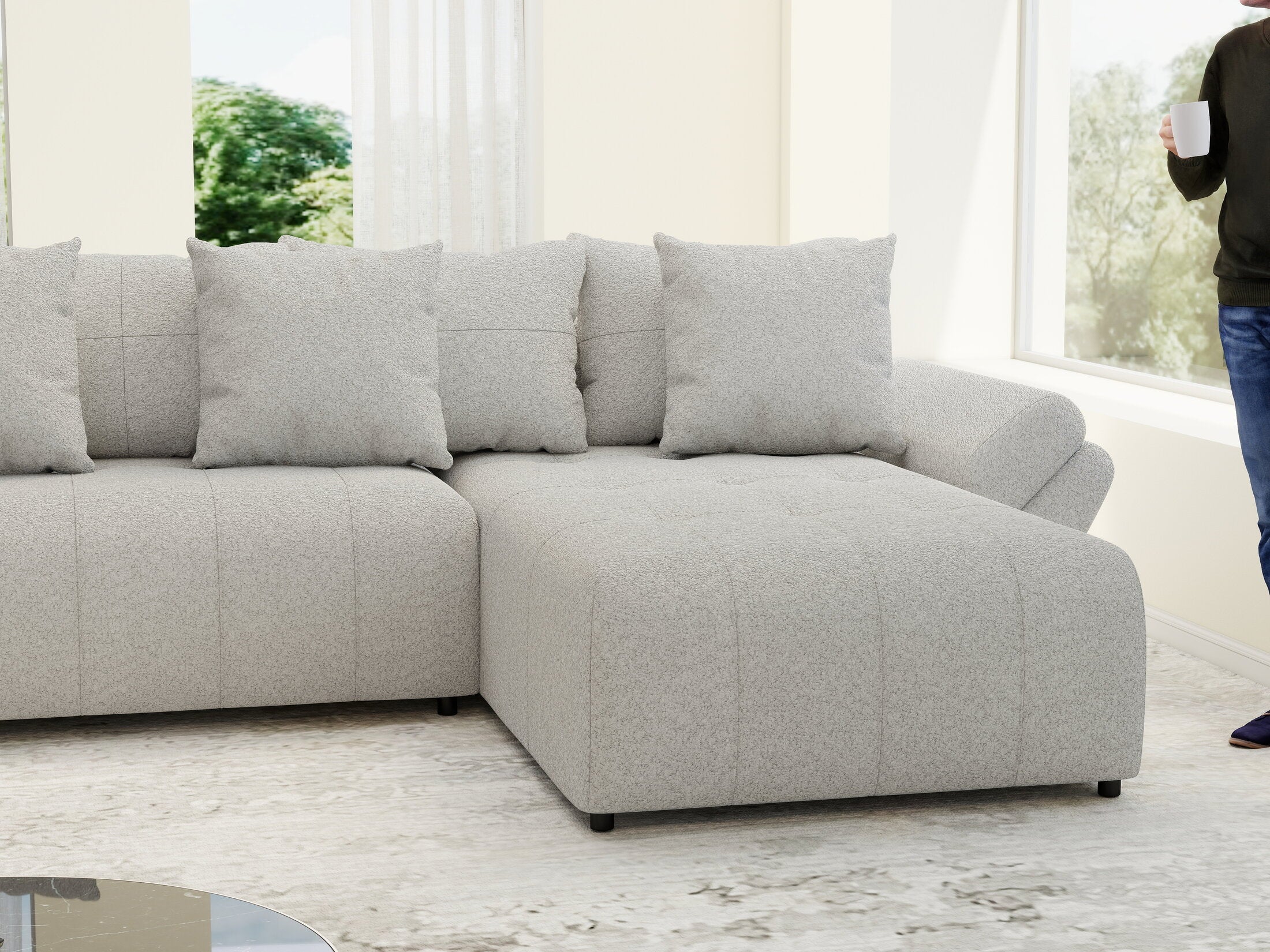 Colțar extensibil dumonde cu ladă de depozitare si sezut confortabil din spuma high-density, Berlin U Euphoria Dove 380x180 cm