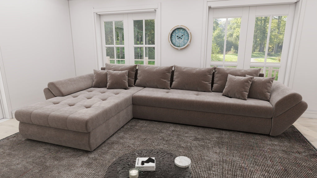 Colțar extensibil dumonde cu ladă de depozitare si sezut confortabil din spuma high-density, Loana XL Vibe Maro 335x185 cm