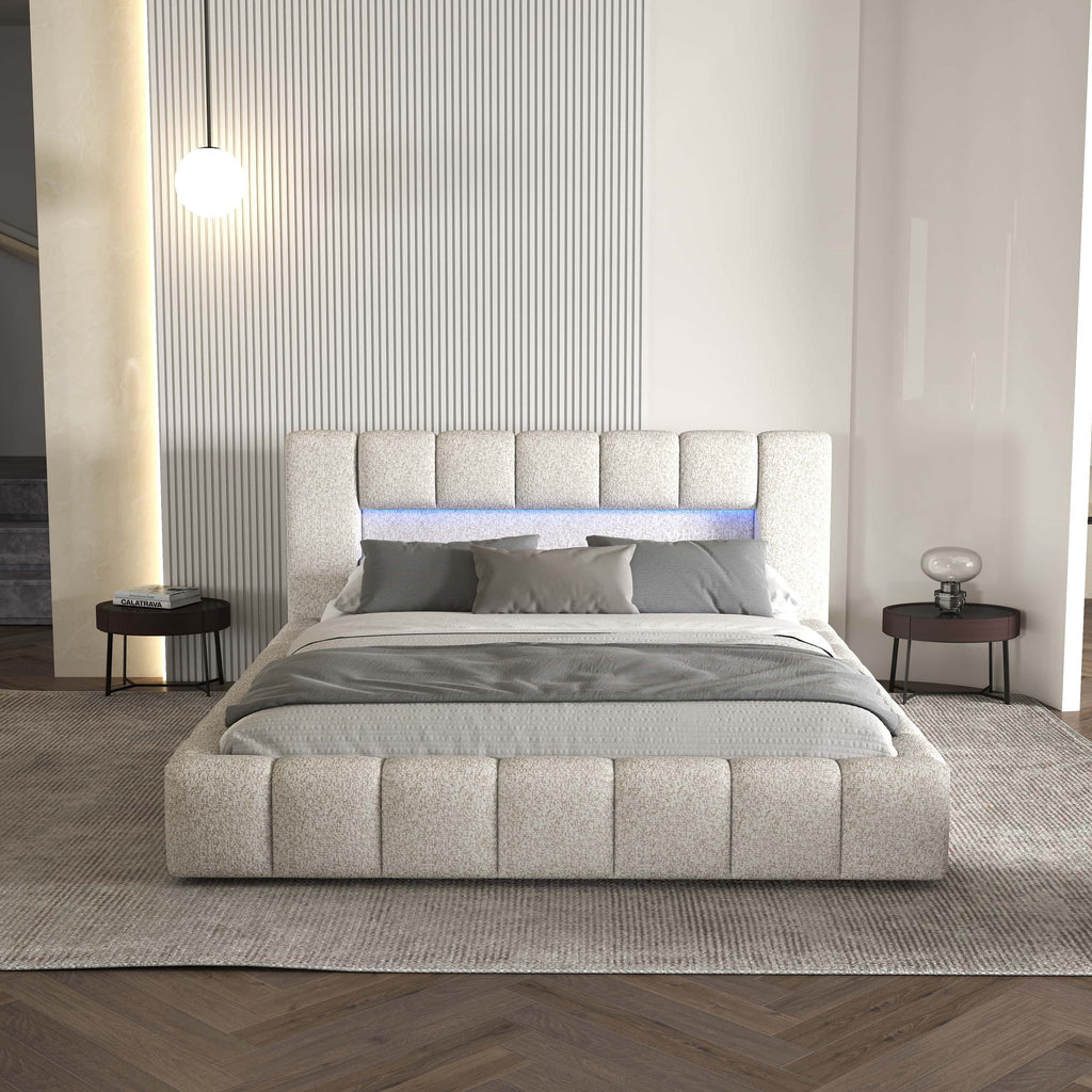 Pat dormitor dumonde, tapitat alb cu LED si USB, Palermo 180x200 cm, somiera rabatabila inclusa, spatiu depozitare