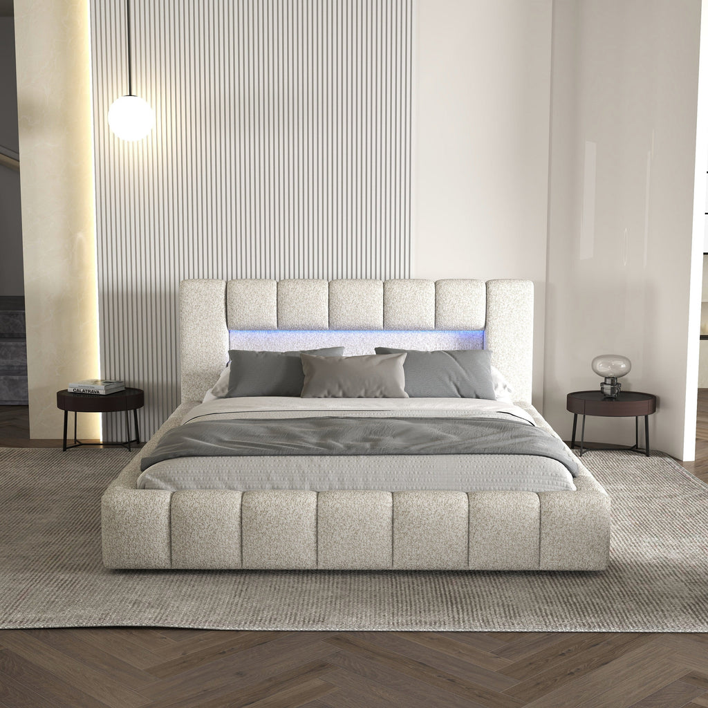 Pat dormitor dumonde, tapitat gri cu LED si USB, Palermo 160x200 cm, somiera rabatabila inclusa, spatiu depozitare
