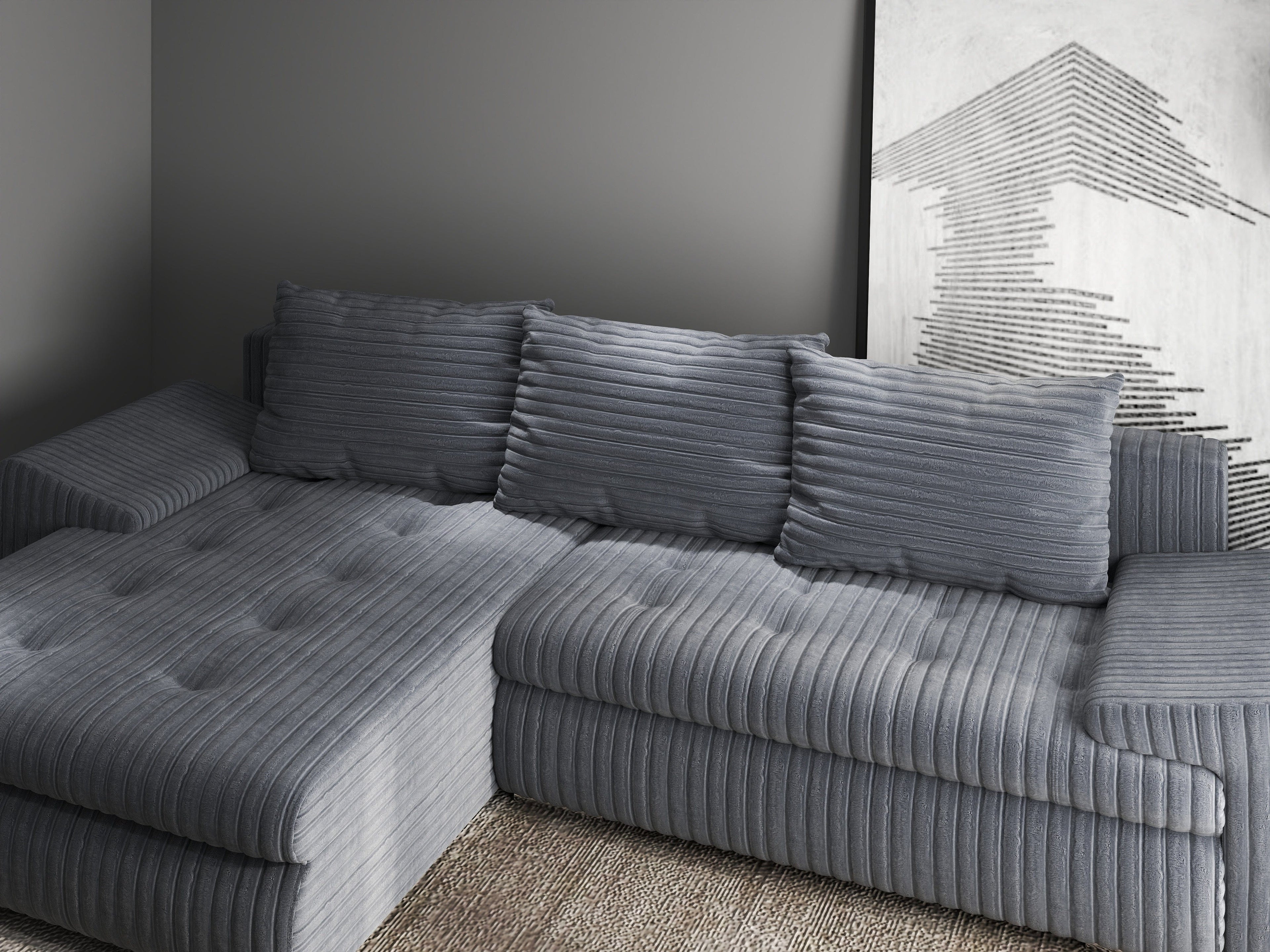 Colțar extensibil dumonde cu ladă de depozitare si sezut confortabil din spuma high-density, Leonardo Ambience Gri 260x185 cm
