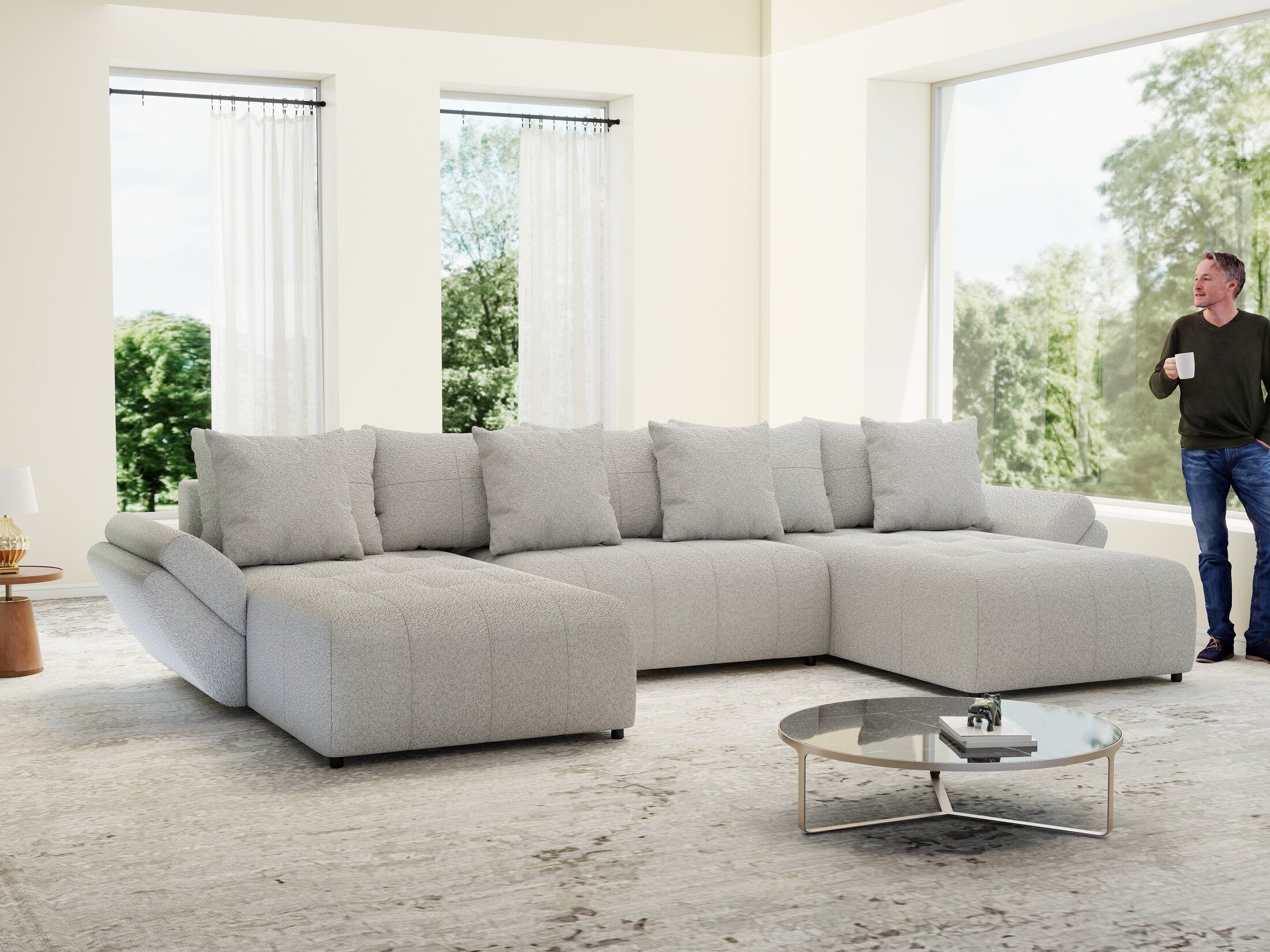 Colțar extensibil dumonde cu ladă de depozitare si sezut confortabil din spuma high-density, Berlin U Euphoria Dove 380x180 cm
