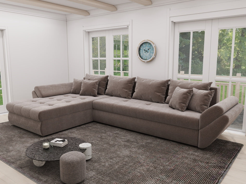Colțar extensibil dumonde cu ladă de depozitare si sezut confortabil din spuma high-density, Loana XL Vibe Maro 335x185 cm