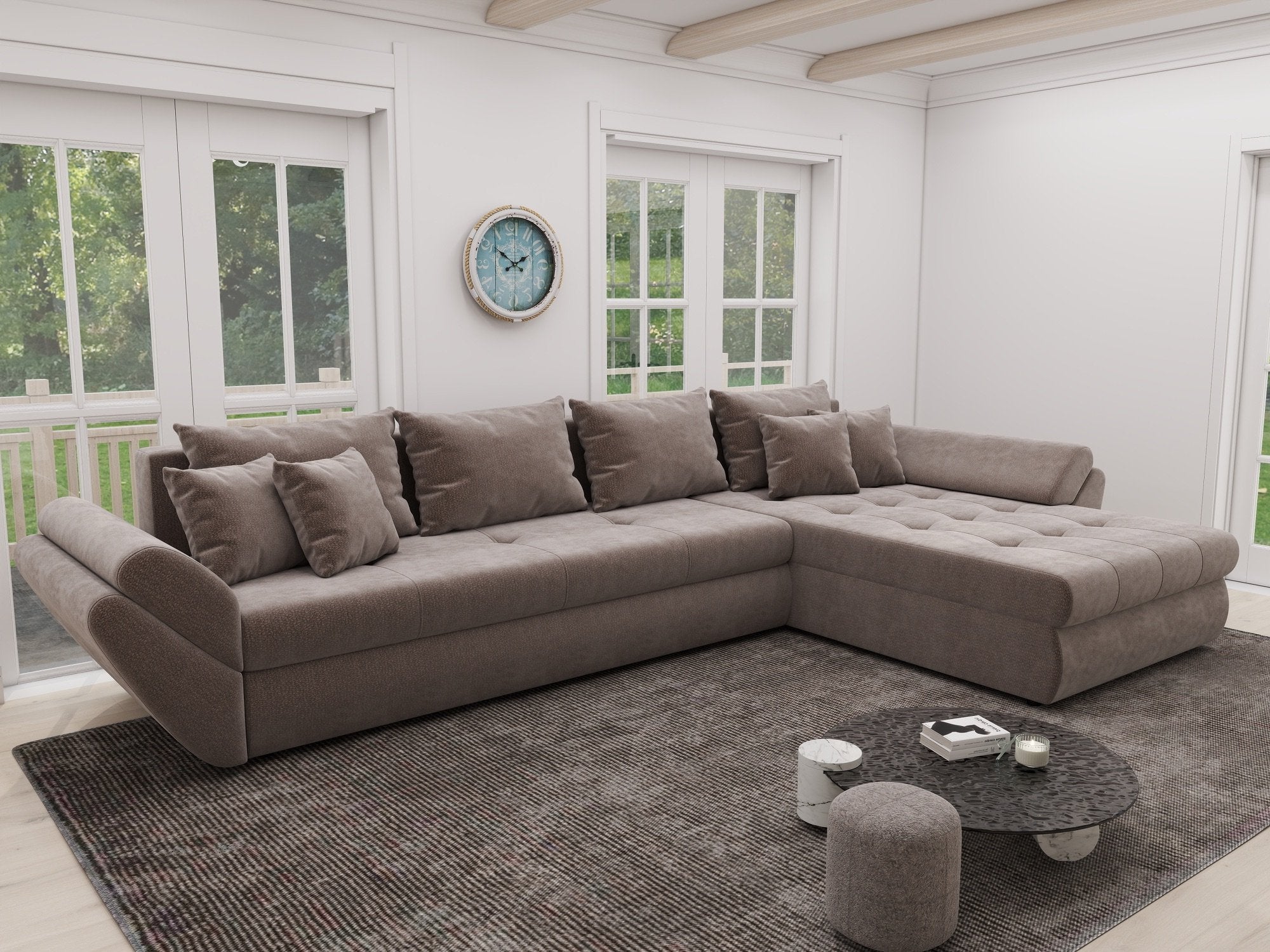 Colțar extensibil dumonde cu ladă de depozitare si sezut confortabil din spuma high-density, Loana XL Vibe Maro II 335x185 cm