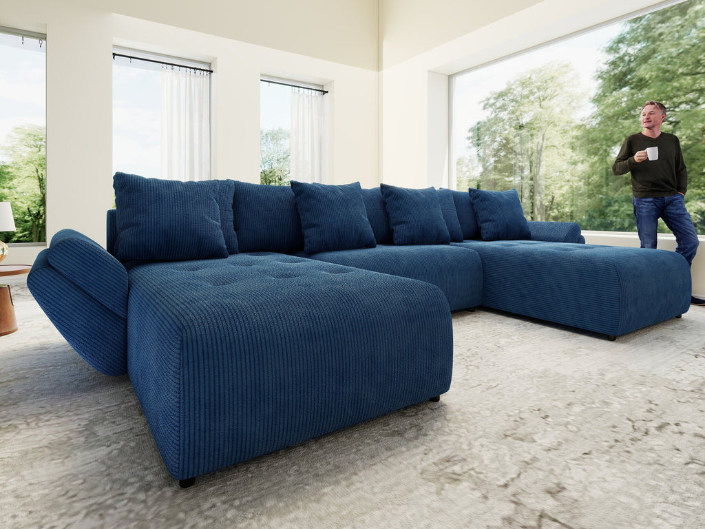 Colțar extensibil dumonde cu ladă de depozitare si sezut confortabil din spuma high-density, Berlin U Zoom Blue 380x180 cm