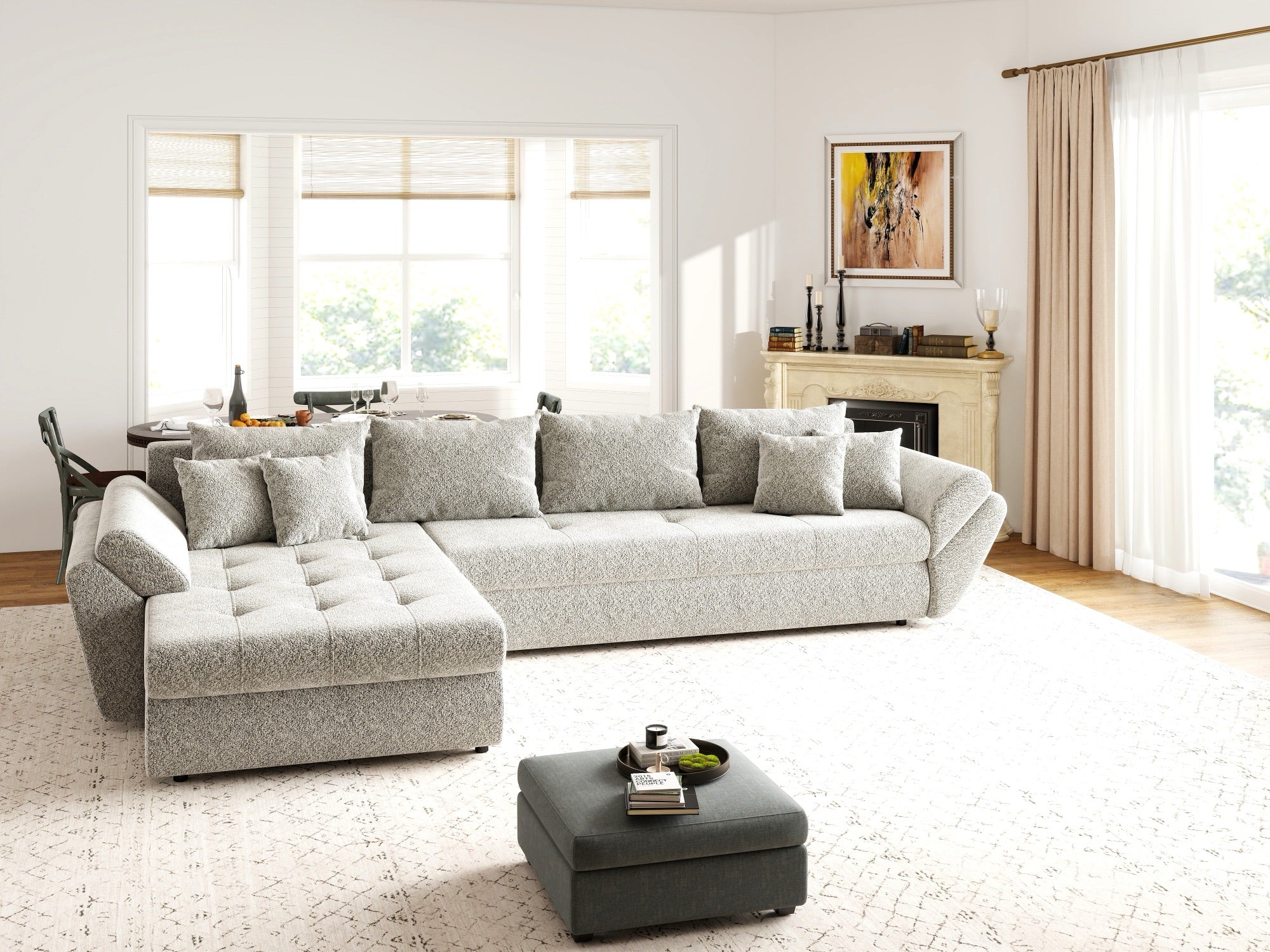 Colțar extensibil dumonde cu ladă de depozitare si sezut confortabil din spuma high-density, Loana XL Arena Bej 02 335x185 cm