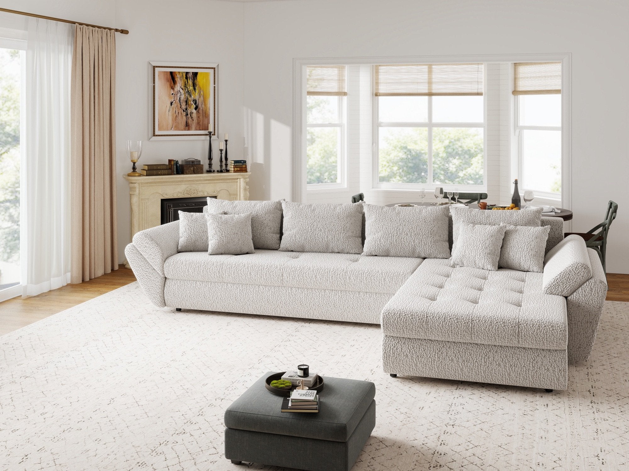 Colțar extensibil dumonde cu ladă de depozitare si sezut confortabil din spuma high-density, Loana XL Jaguar Gri II 335x185 cm
