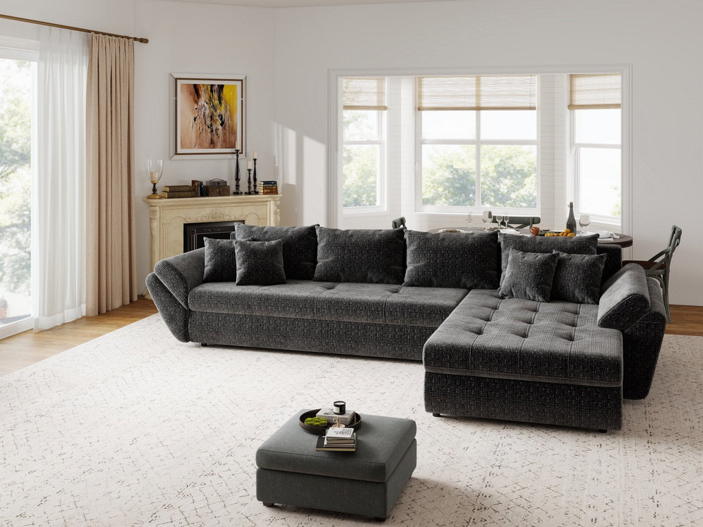 Colțar extensibil dumonde cu ladă de depozitare si sezut confortabil din spuma high-density, Loana XL Cremona Gri Antracit II 335x185 cm