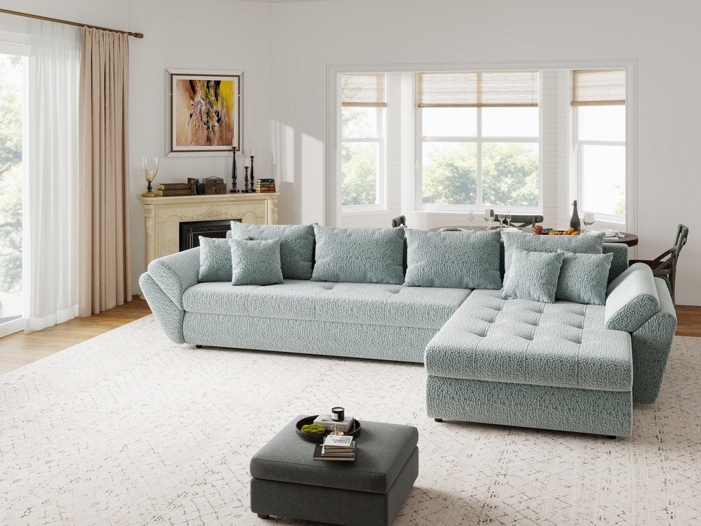 Colțar extensibil dumonde cu ladă de depozitare si sezut confortabil din spuma high-density, Loana XL Jaguar Verde Mint II 335x185 cm