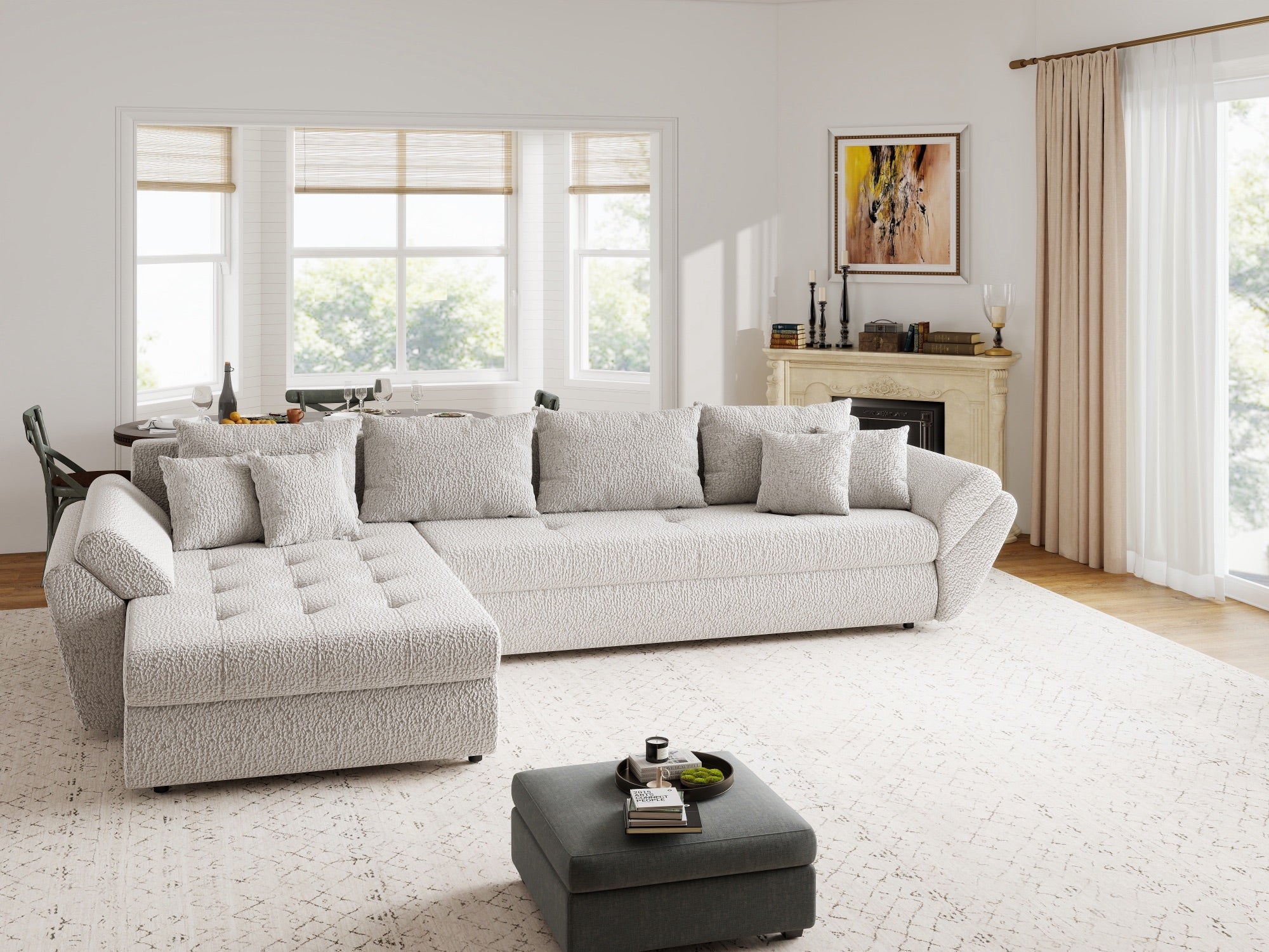 Colțar extensibil dumonde cu ladă de depozitare si sezut confortabil din spuma high-density, Loana XL Jaguar Gri 335x185 cm