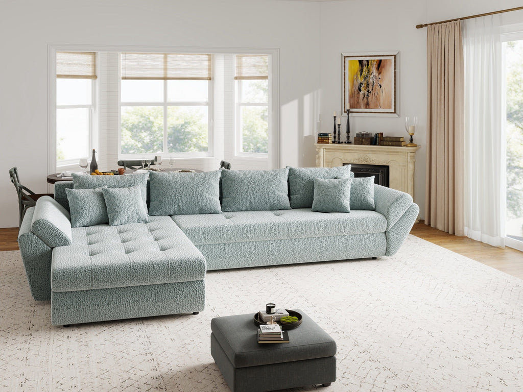 Colțar extensibil dumonde cu ladă de depozitare si sezut confortabil din spuma high-density, Loana XL Jaguar Verde Mint 335x185 cm