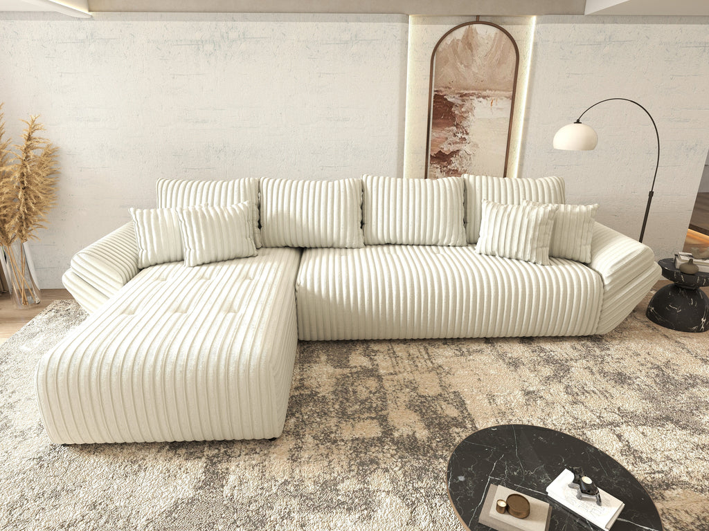 Colțar extensibil dumonde cu ladă de depozitare si sezut confortabil din spuma high-density, Berlin XL Ambience Ivory II 350x185 cm