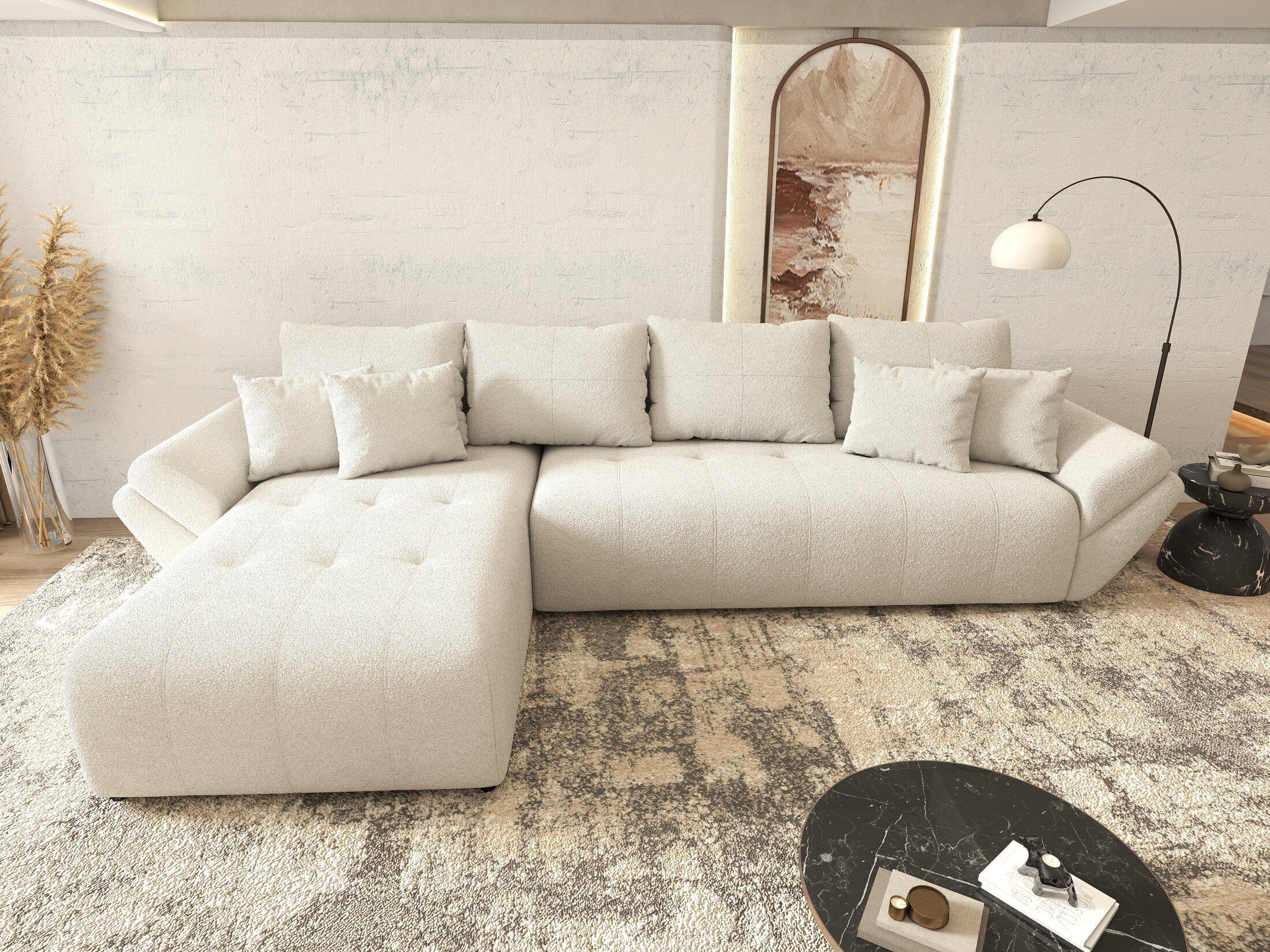 Colțar extensibil dumonde cu ladă de depozitare si sezut confortabil din spuma high-density, Berlin XL Euphoria Ivory 350x185 cm