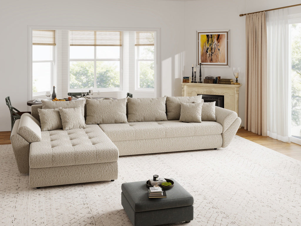 Colțar extensibil dumonde cu ladă de depozitare si sezut confortabil din spuma high-density, Loana XL Jaguar Bej 335x185 cm