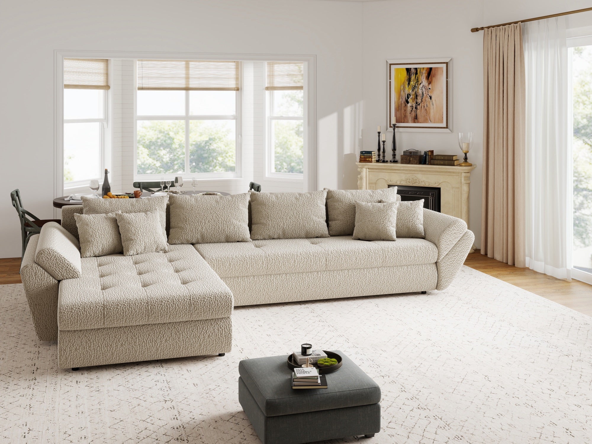 Colțar extensibil dumonde cu ladă de depozitare si sezut confortabil din spuma high-density, Loana XL Jaguar Bej 335x185 cm