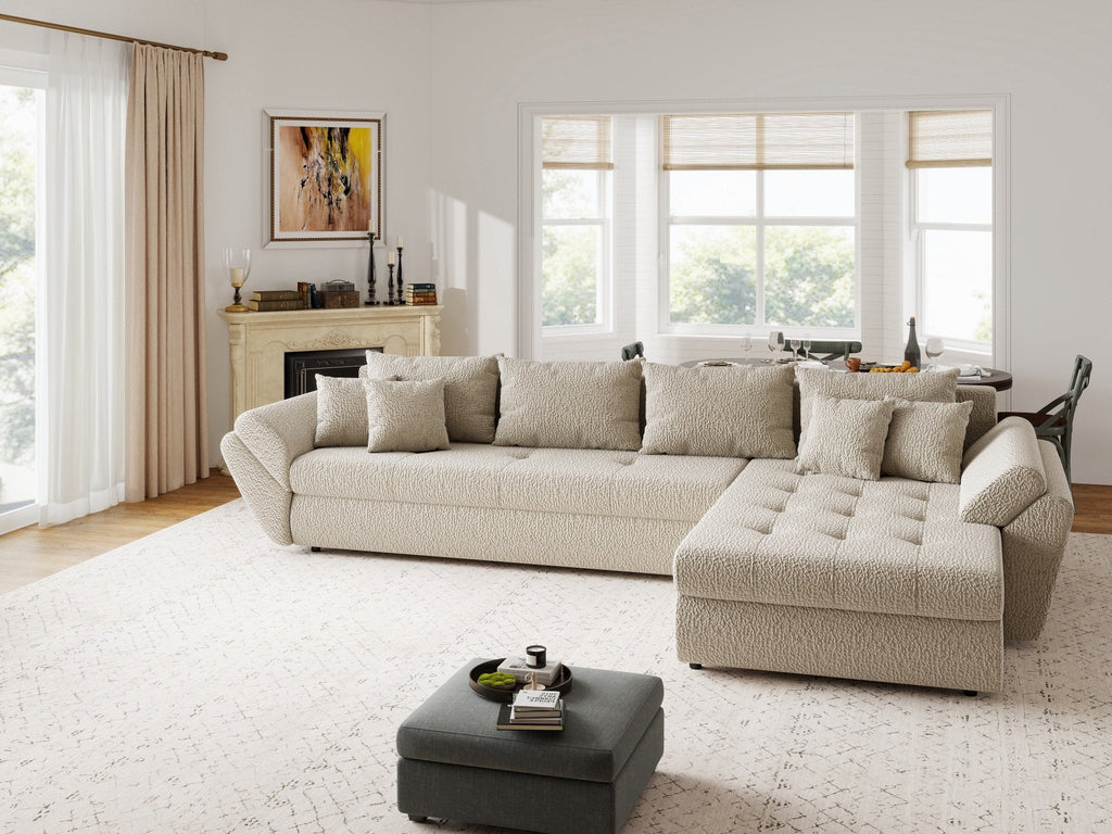 Colțar extensibil dumonde cu ladă de depozitare si sezut confortabil din spuma high-density, Loana XL Jaguar Bej II 335x185 cm