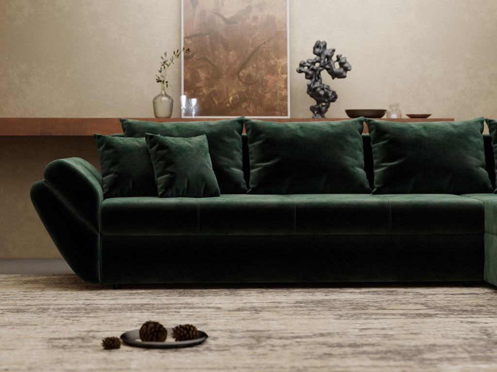 Colțar extensibil dumonde cu ladă de depozitare si sezut confortabil din spuma high-density, Loana XL Monolith Verde II 335x185 cm