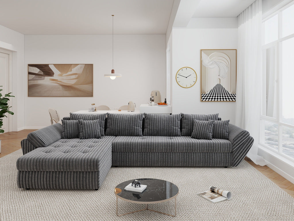 Colțar extensibil dumonde cu ladă de depozitare si sezut confortabil din spuma high-density, Loana XL Tilia Gri 90 335x185 cm