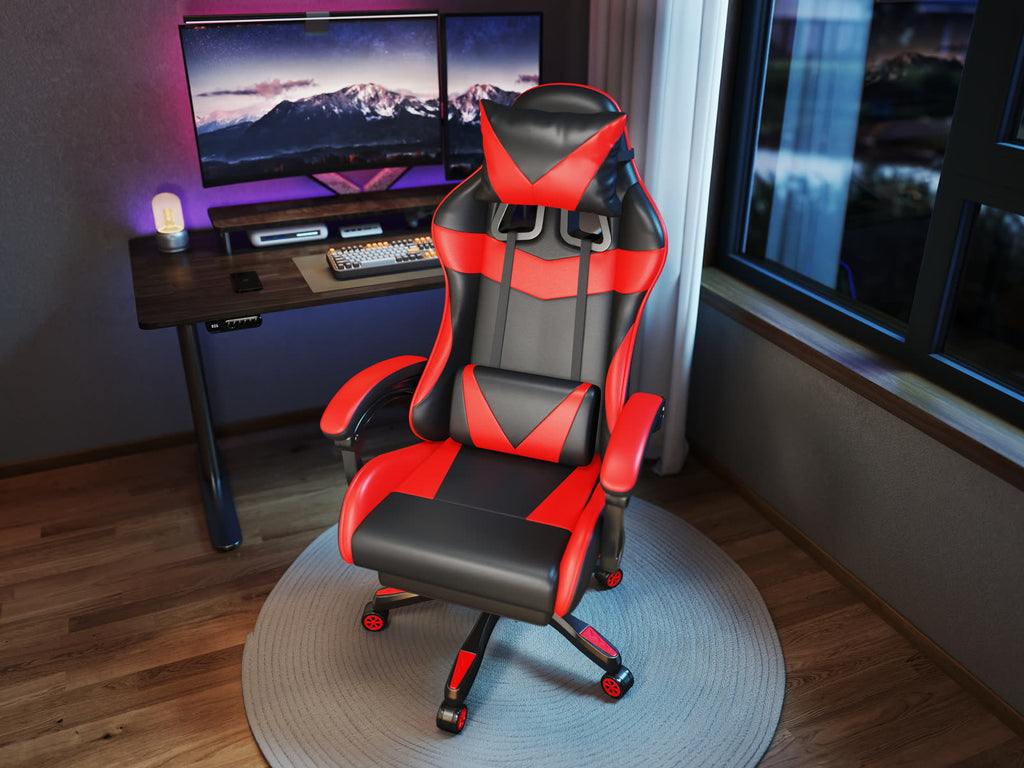 Scaun gaming Dumonde RIFT, mecanism multifuncțional, ecopiele, suport picioare, rosu/negru