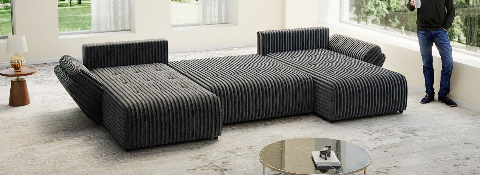 Colțar extensibil dumonde cu ladă de depozitare si sezut confortabil din spuma high-density, Berlin U Ambience Grey 380x180 cm