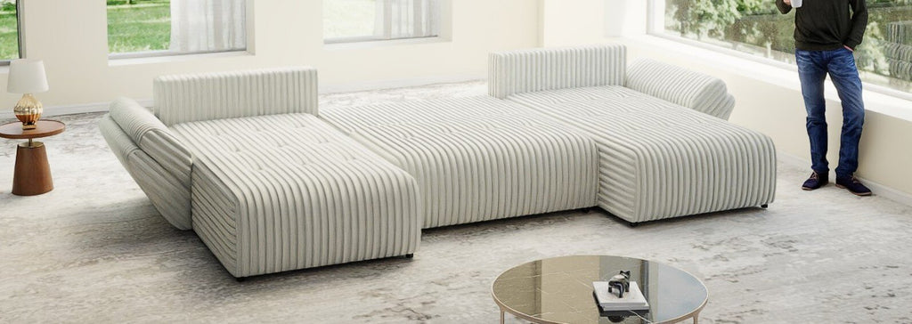 Colțar extensibil dumonde cu ladă de depozitare si sezut confortabil din spuma high-density, Berlin U Ambience Ivory 380x180 cm
