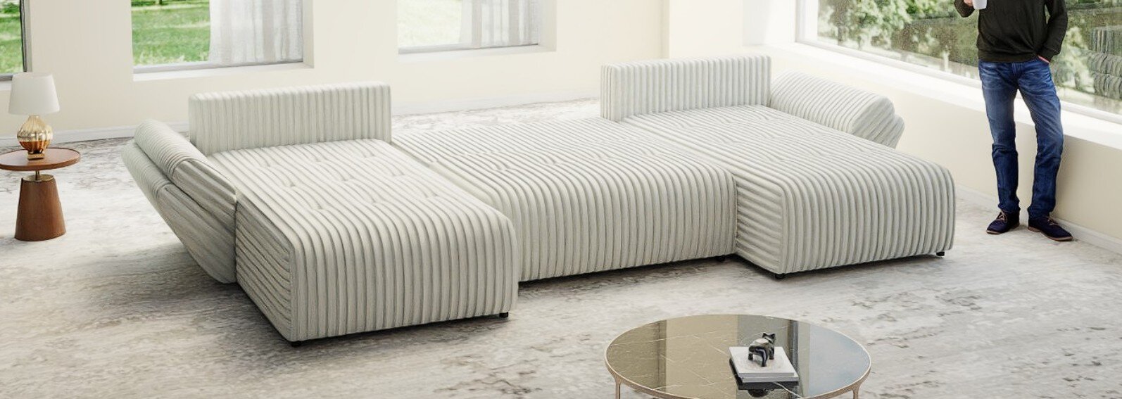 Colțar extensibil dumonde cu ladă de depozitare si sezut confortabil din spuma high-density, Berlin U Ambience Ivory 380x180 cm