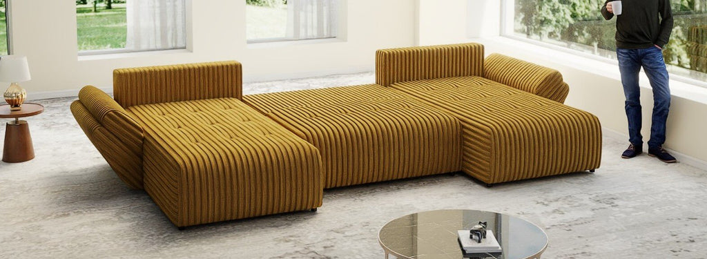 Colțar extensibil dumonde cu ladă de depozitare si sezut confortabil din spuma high-density, Berlin U Ambiance Mustar 380x180 cm