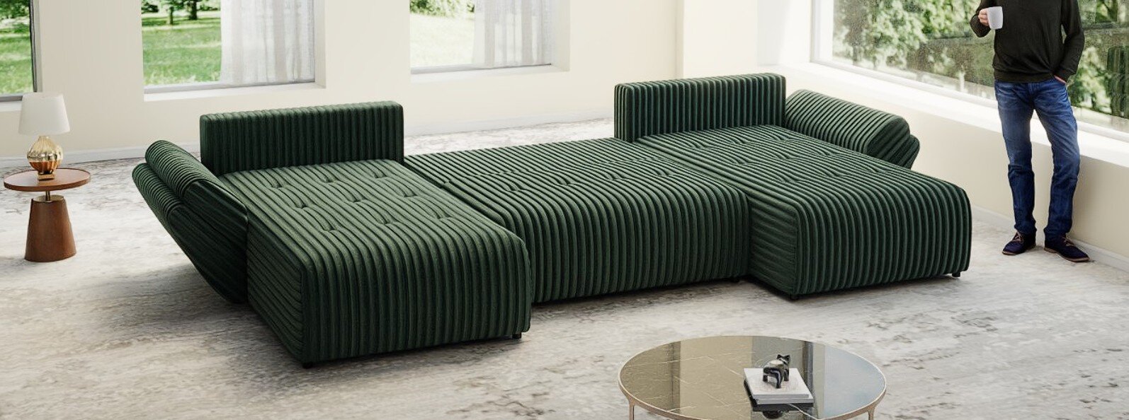 Colțar extensibil dumonde cu ladă de depozitare si sezut confortabil din spuma high-density, Berlin U Ambience Green 380x180 cm