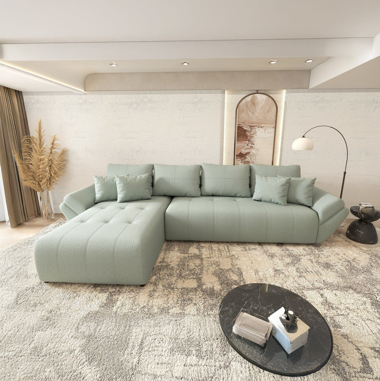 Colțar extensibil dumonde cu ladă de depozitare si sezut confortabil din spuma high-density, Berlin XL Enjoy Mint 350x185 cm
