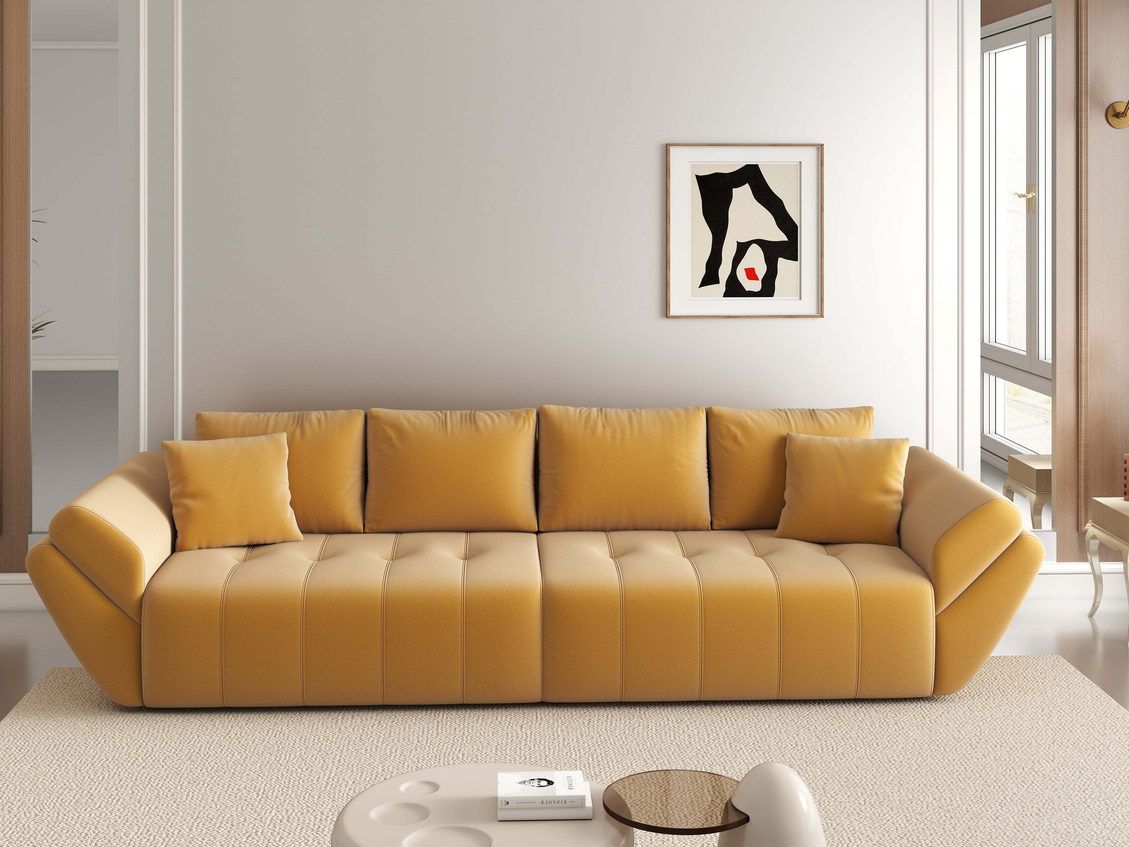 Canapea extensibilă dumonde cu ladă de depozitare si sezut confortabil din spuma high-density, Berlin Royal Mustar 300x100 cm