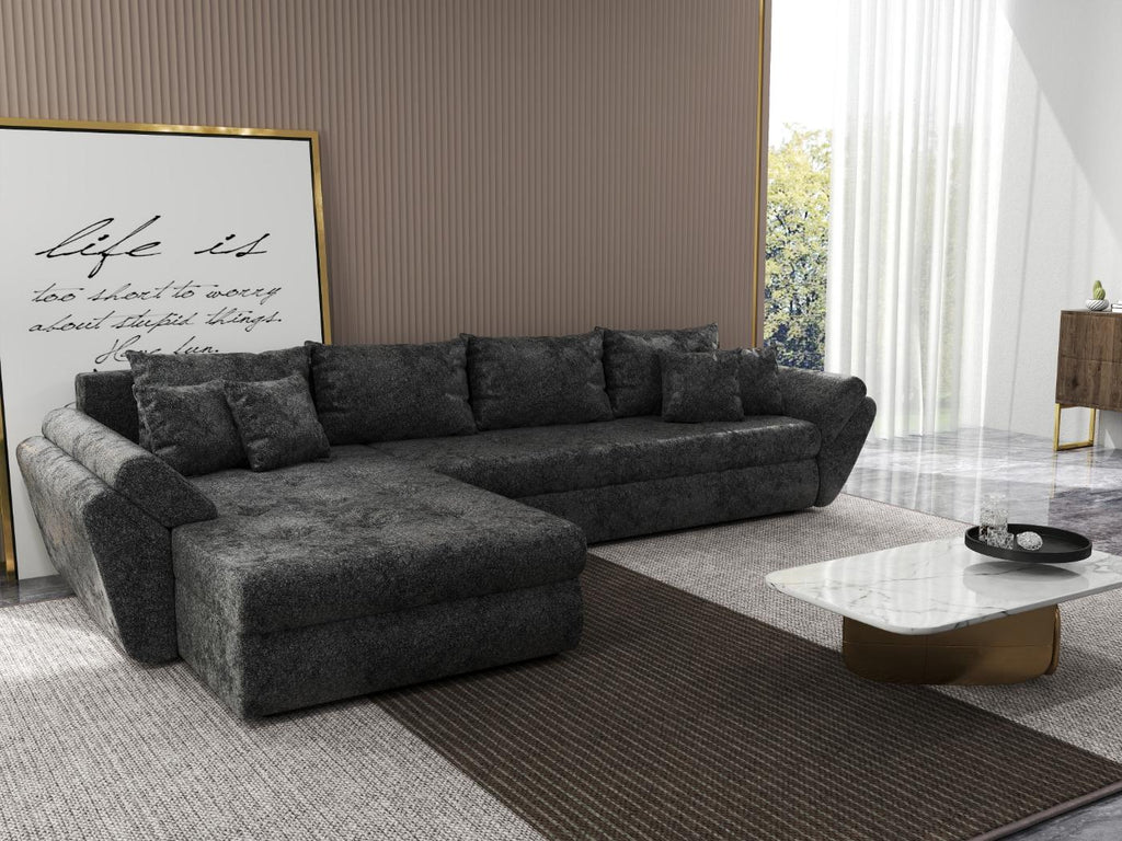 Colțar extensibil dumonde cu ladă de depozitare si sezut confortabil din spuma high-density, Loana XL Euphoria Negru 335x185 cm
