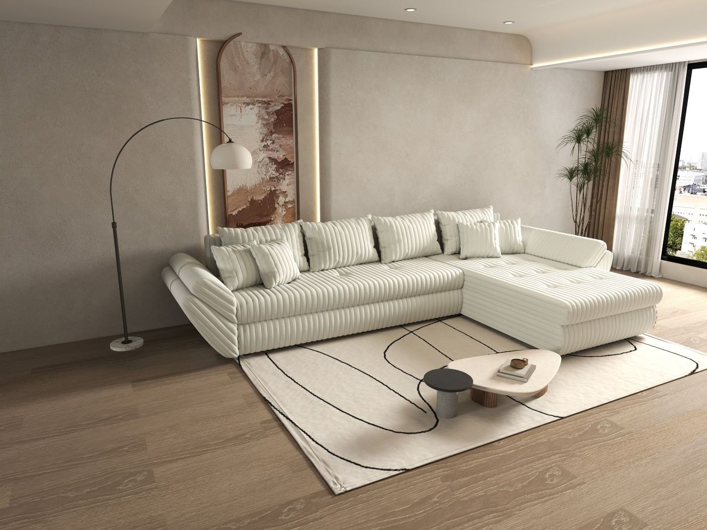 Colțar extensibil dumonde cu ladă de depozitare si sezut confortabil din spuma high-density, Loana XL Ambience Ivory II 335x185 cm