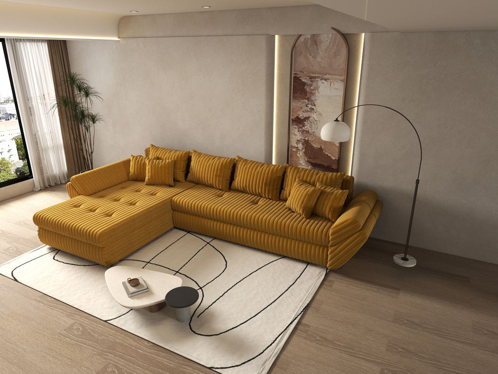 Colțar extensibil dumonde cu ladă de depozitare si sezut confortabil din spuma high-density, Loana XL Ambience Mustar 335x185 cm