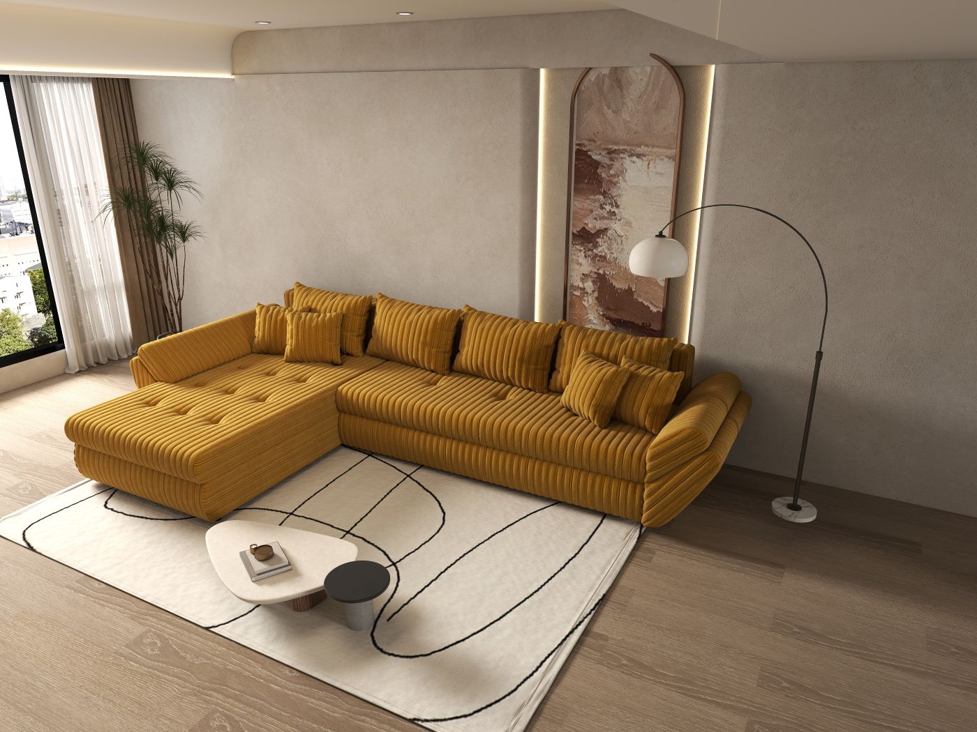 Colțar extensibil dumonde cu ladă de depozitare si sezut confortabil din spuma high-density, Loana XL Ambience Mustar 335x185 cm