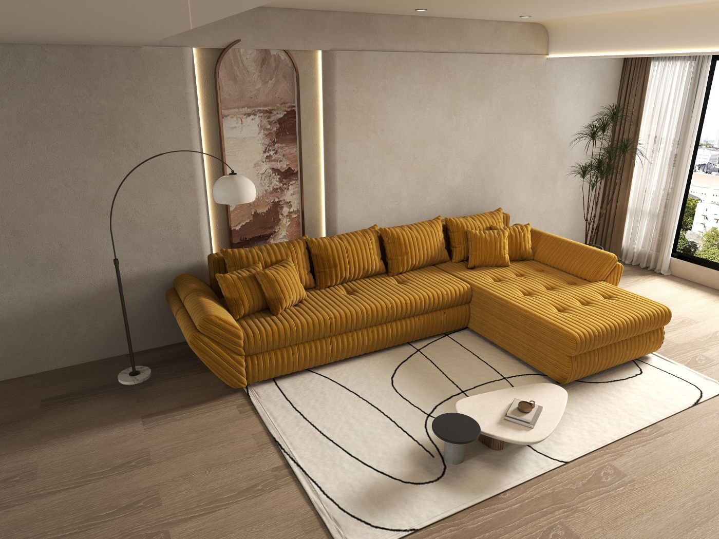 Colțar extensibil dumonde cu ladă de depozitare si sezut confortabil din spuma high-density, Loana XL Ambience Mustar II 335x185 cm