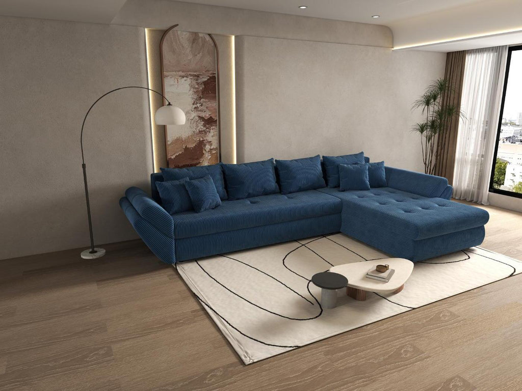Colțar extensibil dumonde cu ladă de depozitare si sezut confortabil din spuma high-density, Loana XL Zoom Albastru II 335x185 cm