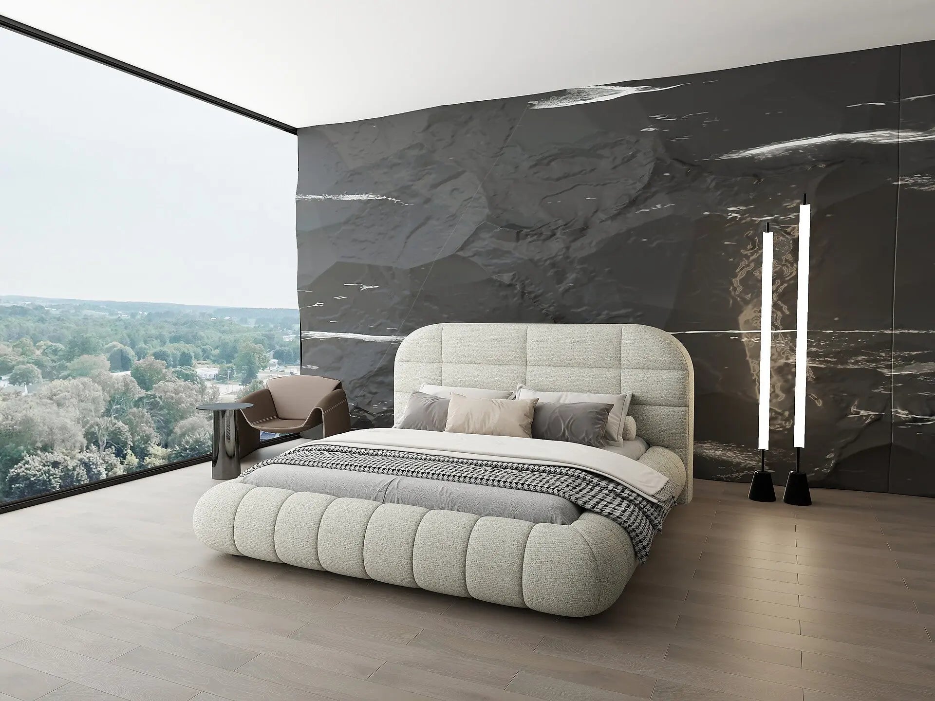 Pat dormitor dumonde, tapitat bej, Senso 180x200 cm, somiera rabatabila inclusa, spatiu depozitare