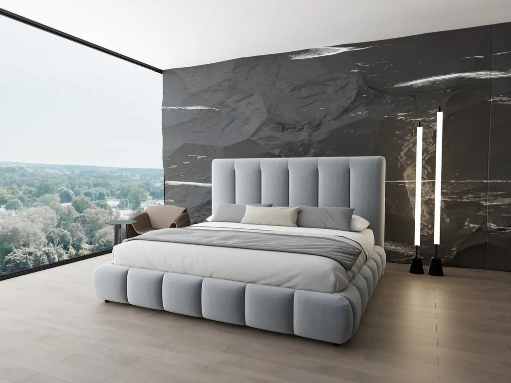 Pat dormitor dumonde, tapitat gri, Divaneo 140x200 cm, somiera rabatabila inclusa, spatiu depozitare