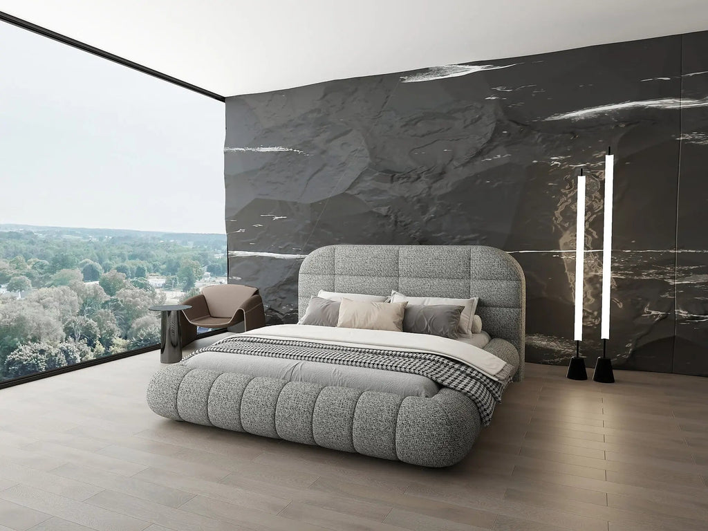 Pat dormitor dumonde, tapitat gri, Senso 180x200 cm, somiera rabatabila inclusa, spatiu depozitare
