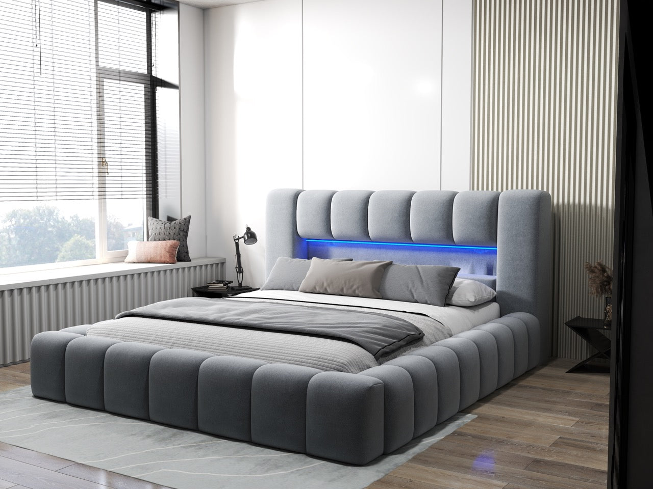 Pat dormitor dumonde, tapitat gri cu LED si USB, Palermo 160x200 cm, somiera rabatabila inclusa, spatiu depozitare