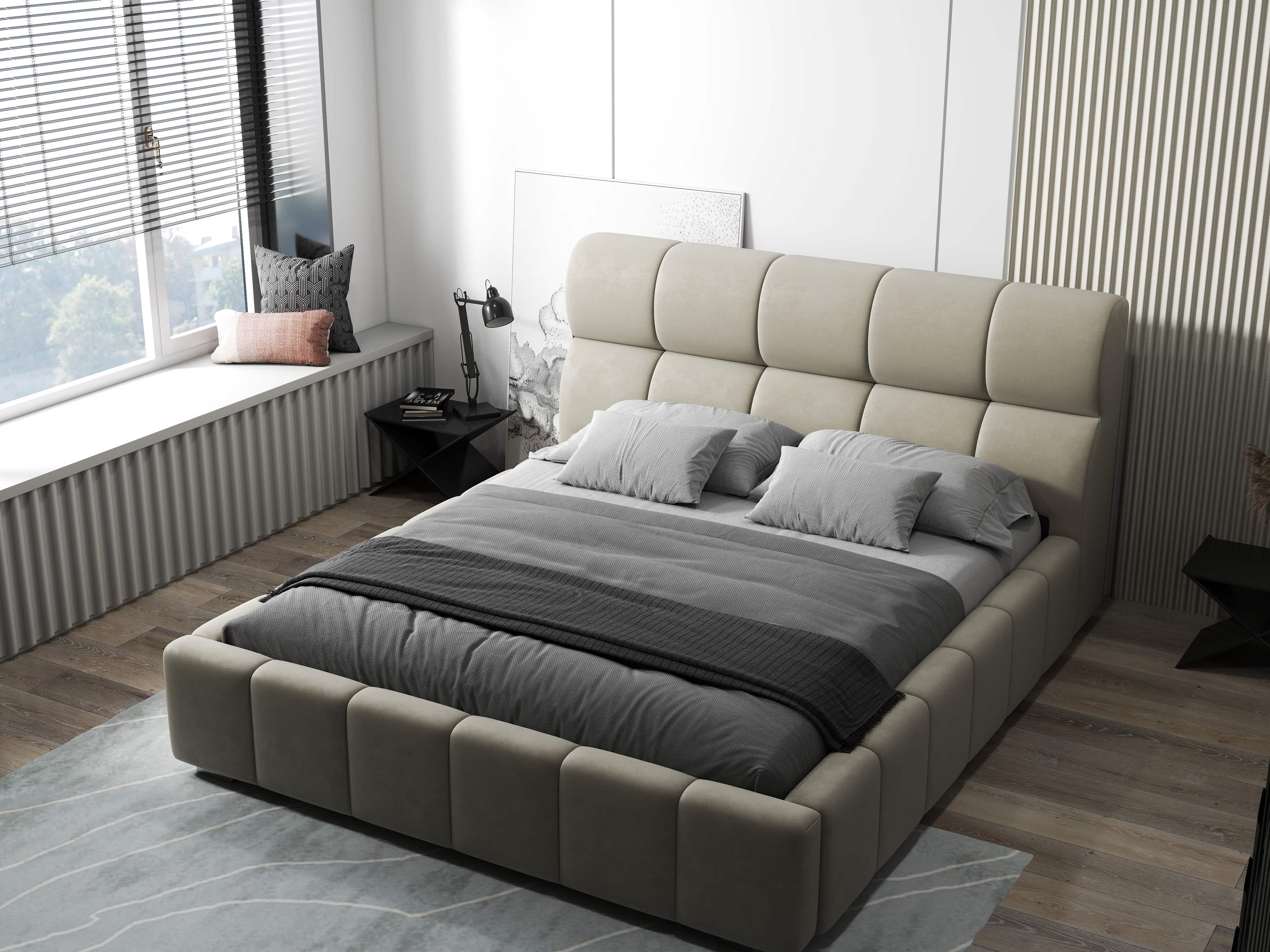 Pat dormitor dumonde, tapitat bej, Prestige 160x200 cm, somiera rabatabila inclusa, spatiu depozitare