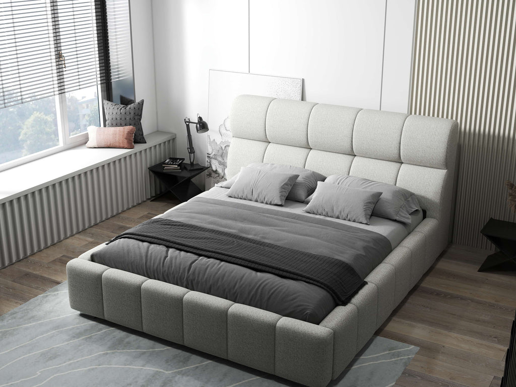 Pat dormitor dumonde, tapitat bej, Prestige 180x200 cm, somiera rabatabila inclusa, spatiu depozitare